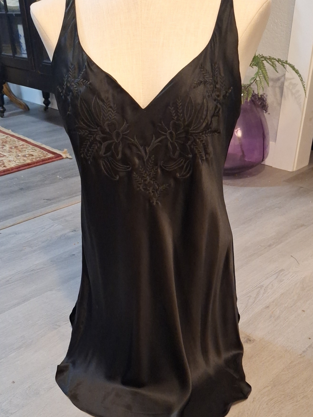 Vintage Victoria's Secret Black Satin Silk Embroidered Teddy
